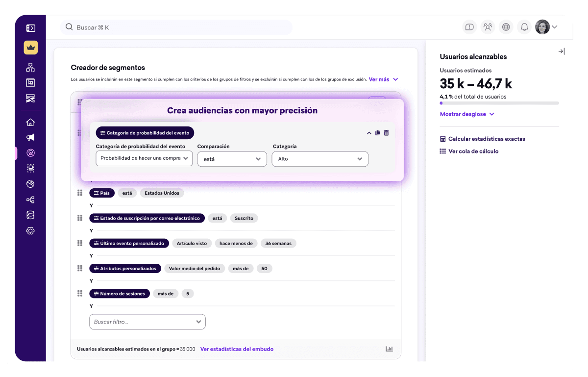 Página con el panel de control de Segment Builder