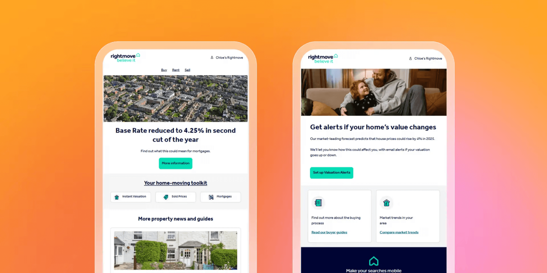 Maquette de deux écrans d’application Rightmove sur fond dégradé orange, montrant des pages d’informations immobilières avec taux hypothécaires, alertes de valeur de maison et outils pour l’achat ou la vente de biens.
