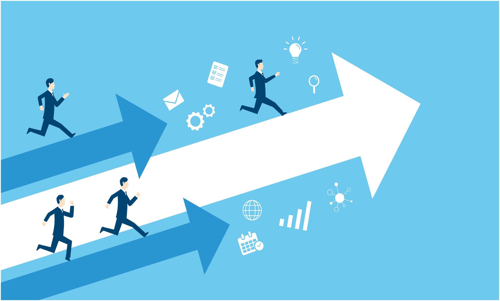 a group of businessmen are running up a white arrow .