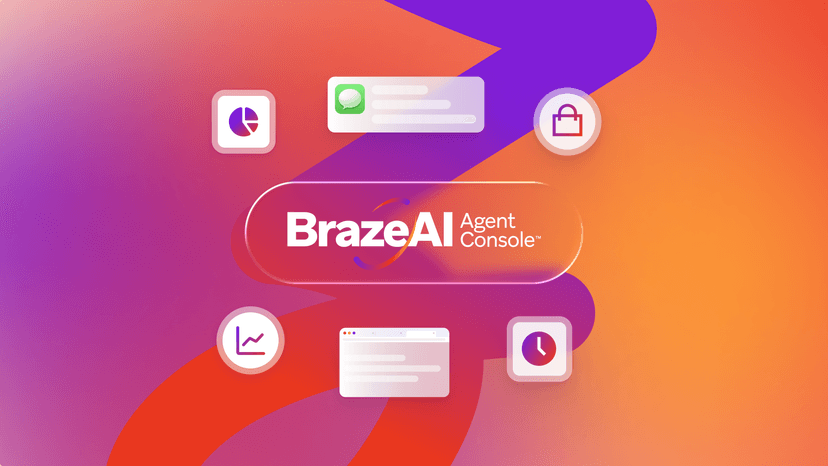 BrazeAI Agent Console logo surrounded by frosted icons for data, messaging, commerce, analytics, web, and time, on a vibrant purple, orange, and red gradient background.