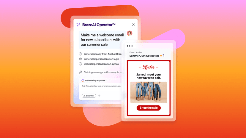 BrazeAI Operator generating a personalized welcome email for a summer sale, with a preview of the email showing jeans.