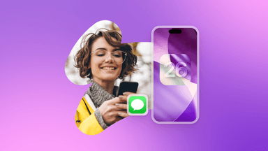 a woman is smiling while looking at her phone with the number 26 on the screen