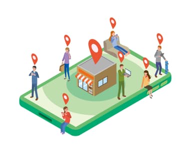 a group of people are standing around a cell phone with a store on it .