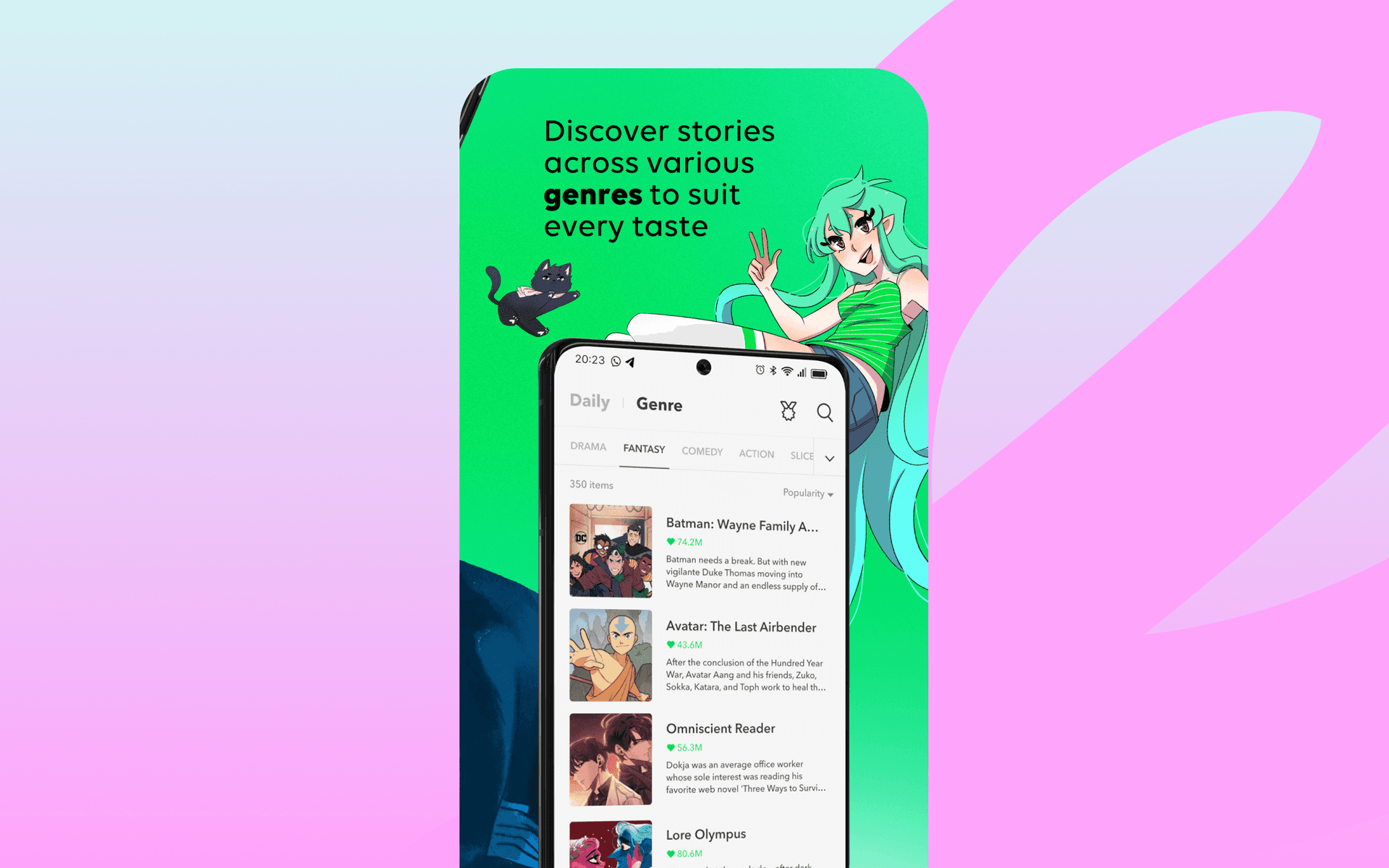 a screenshot of a app that says discover stories across various genres to suit every taste