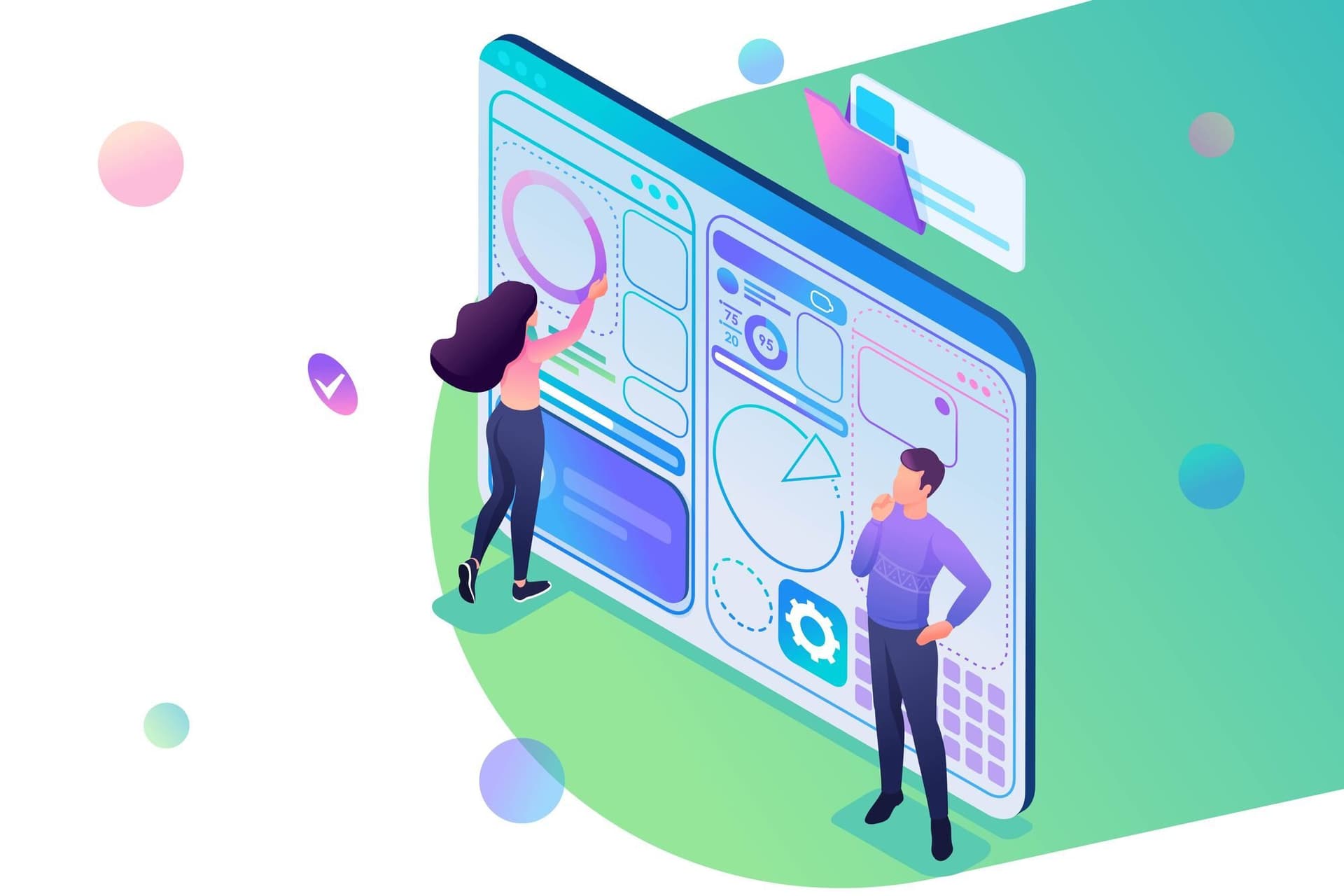 a man and a woman are standing in front of a computer screen .