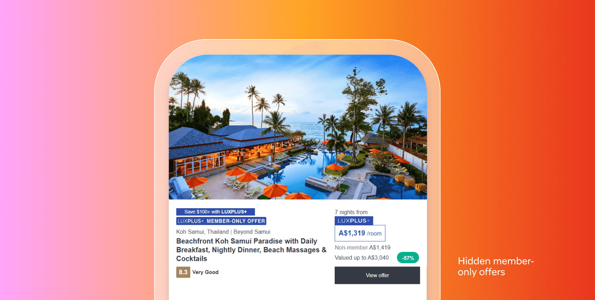 a phone screen shows a beachfront koh samui paradise with daily breakfast nightly dinner beach massages and cocktails