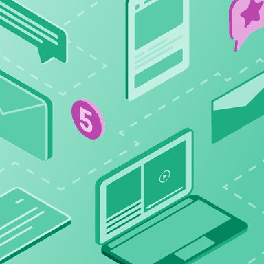 Isometric illustration of digital communication icons: phone, laptop, email, chat bubbles, and a pink '5' notification.