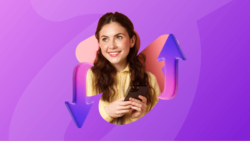 Smiling woman holding a smartphone, with 3D purple up and down arrows on a purple background.