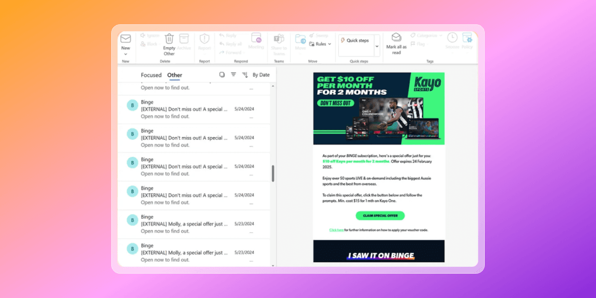 An Outlook email client displaying an inbox and an open promotional email for Kayo Sports offering $10 off per month.