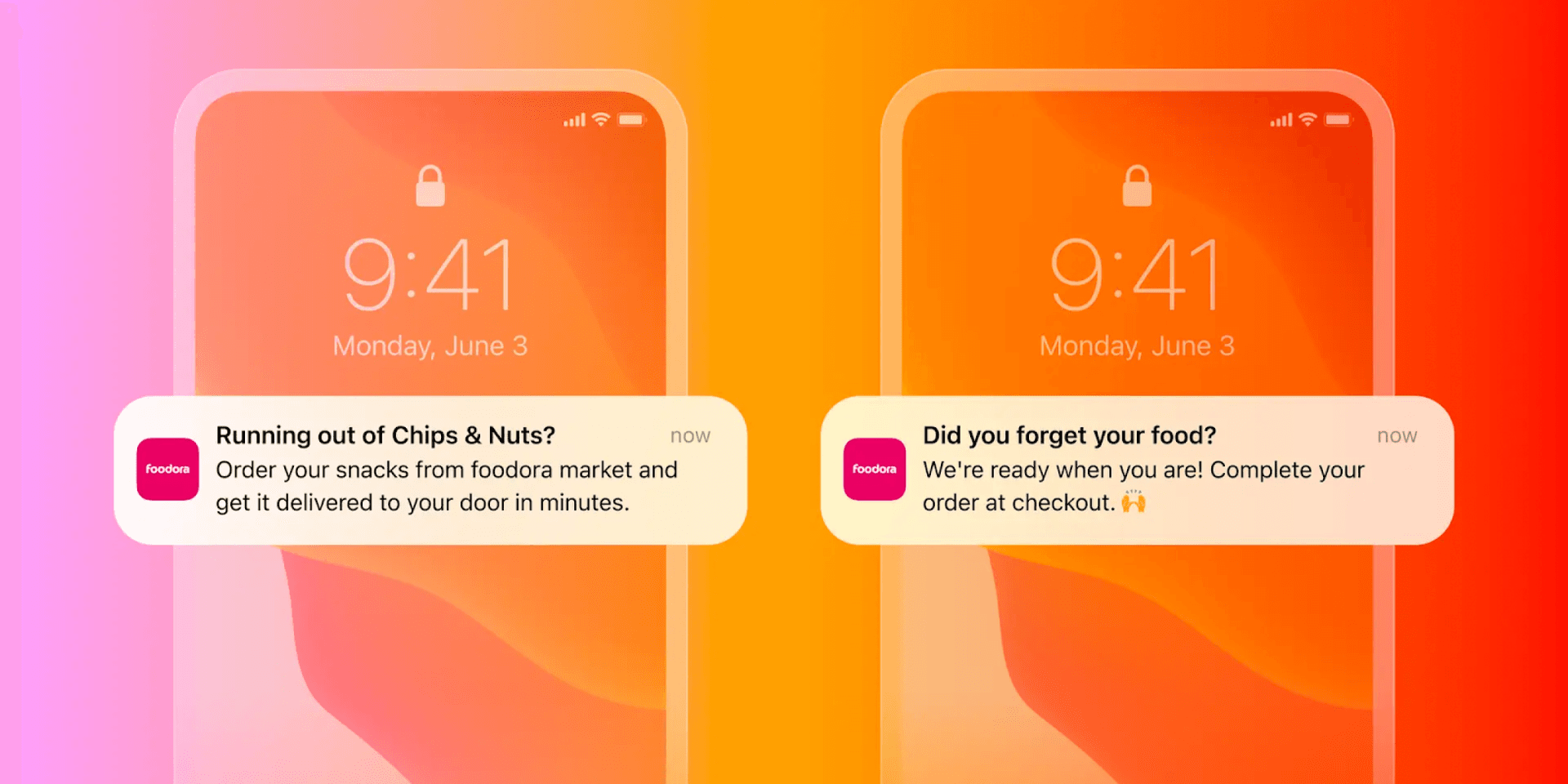 Two iPhone lock screens showing Foodora app notifications for ordering snacks and completing a food order.