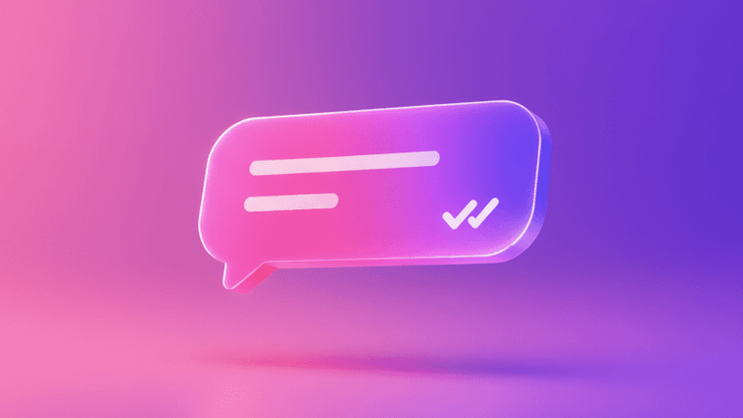 3D pink and purple gradient chat bubble icon with text lines and two checkmarks.