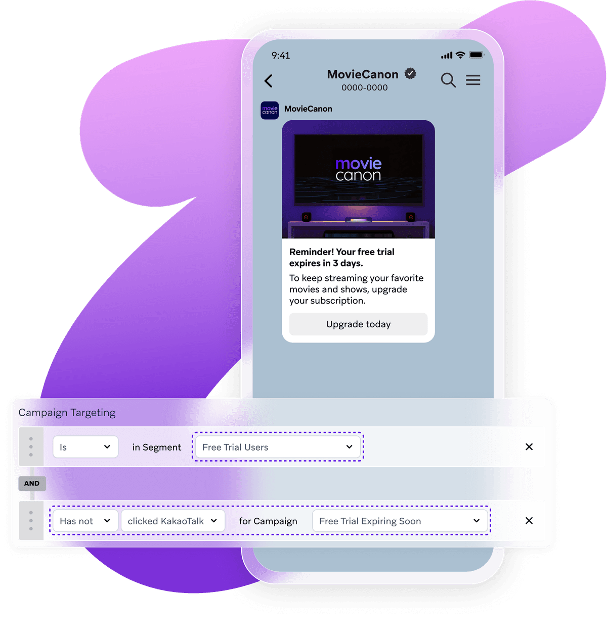 A smartphone displays a "free trial expiring in 3 days" notification, overlaid with campaign targeting rules for "Free Trial Users" who "Has not clicked KakaoTalk for Campaign Free Trial Expiring Soon."