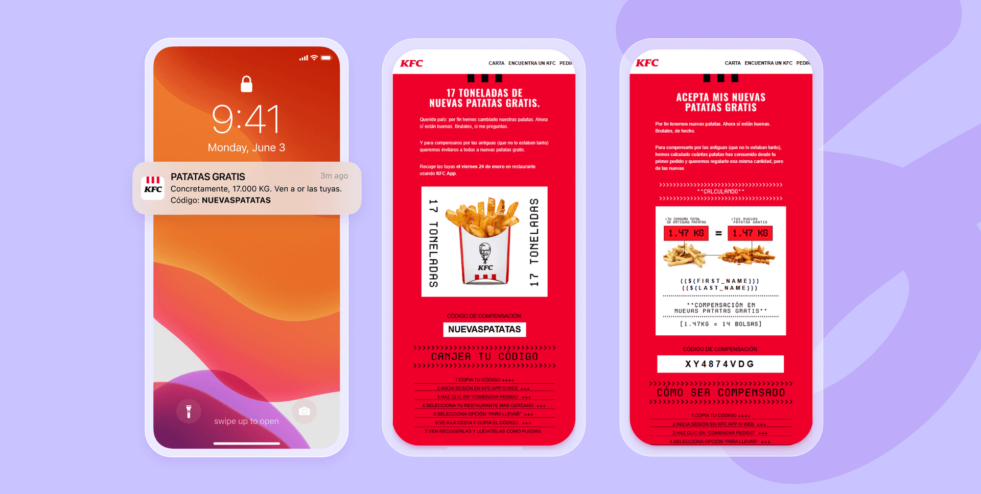Three smartphone screens displaying a KFC promotion for free fries.