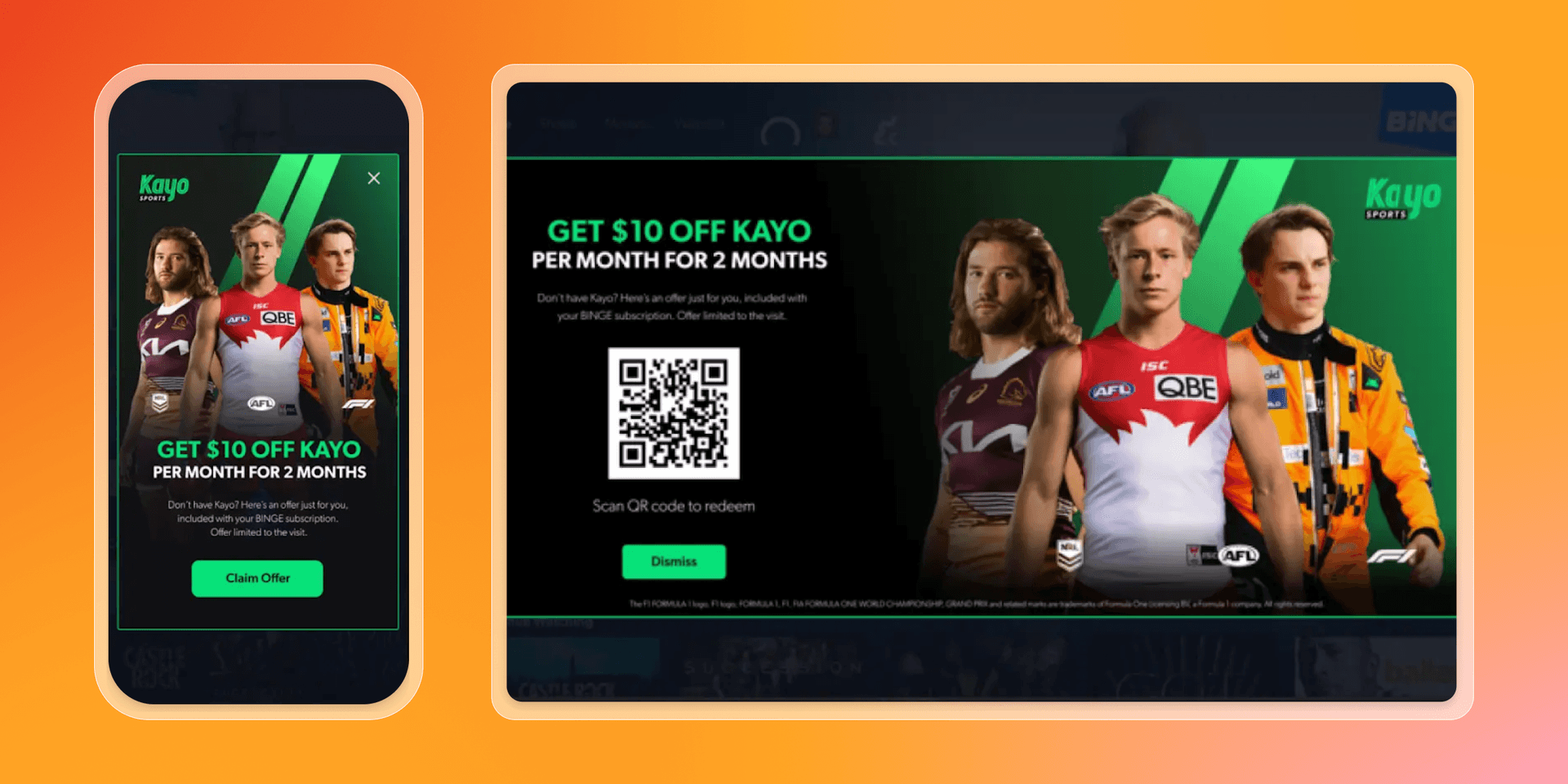Kayo Sports ad for $10 off monthly for 2 months, displayed on mobile and desktop screens, featuring three athletes.