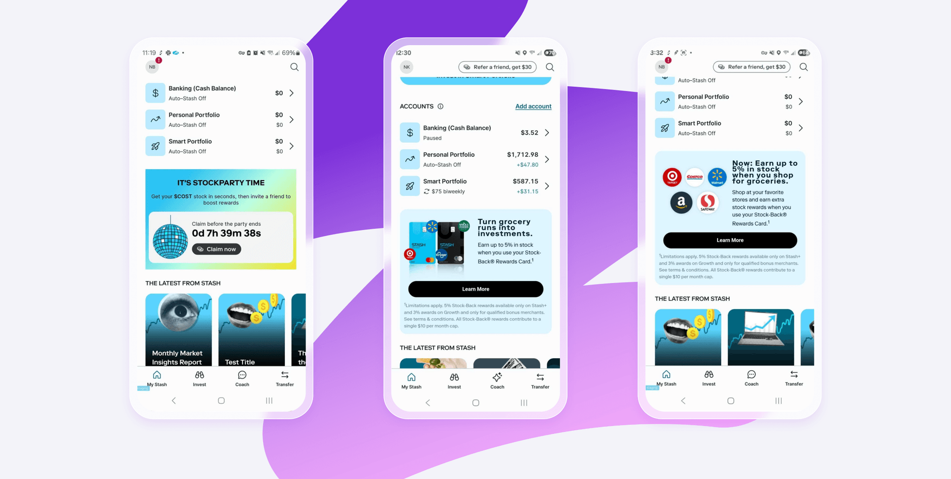 three screenshots of a financial app on a purple background