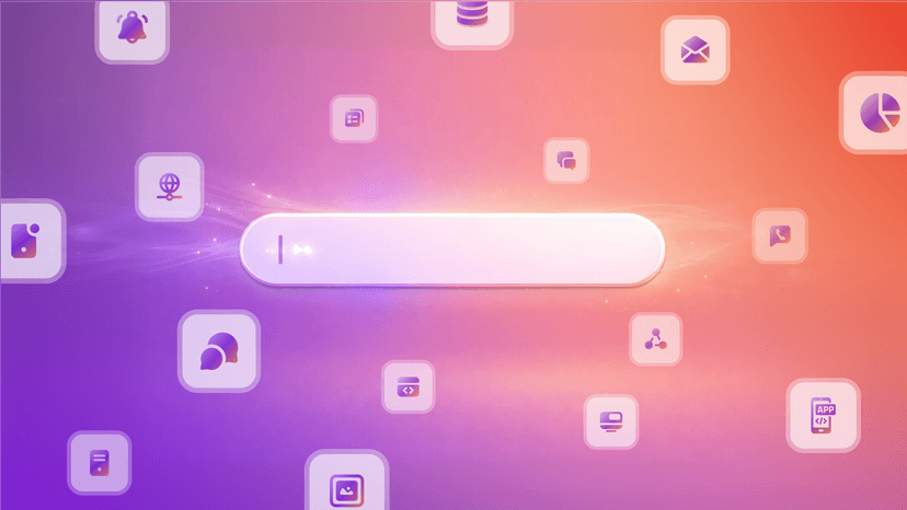 A glowing search bar with a blinking cursor, surrounded by various application and data icons, on a purple to orange gradient background.