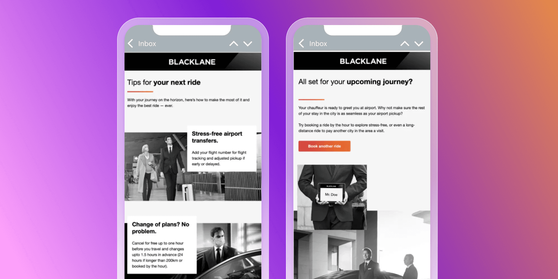 Two smartphones display Blacklane email newsletters about ride services, featuring black and white images of chauffeurs and passengers.