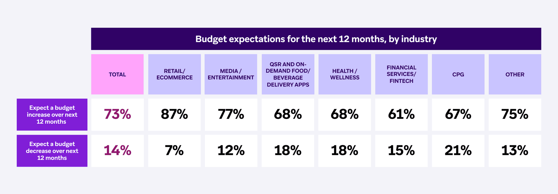 a chart showing budget expectations for the next 12 months by industry