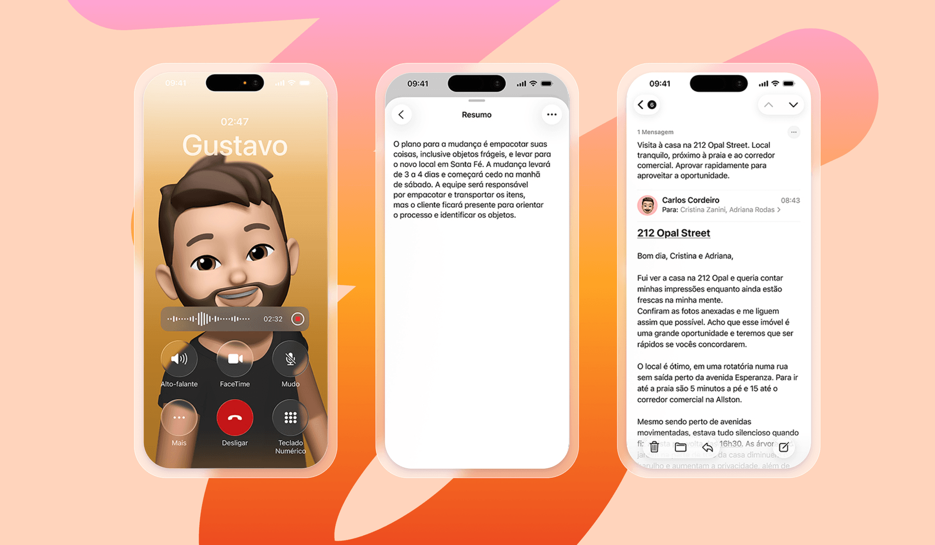 Three iPhone screens display (from left to right) a Memoji video call, a document summary, and an email about a property visit.