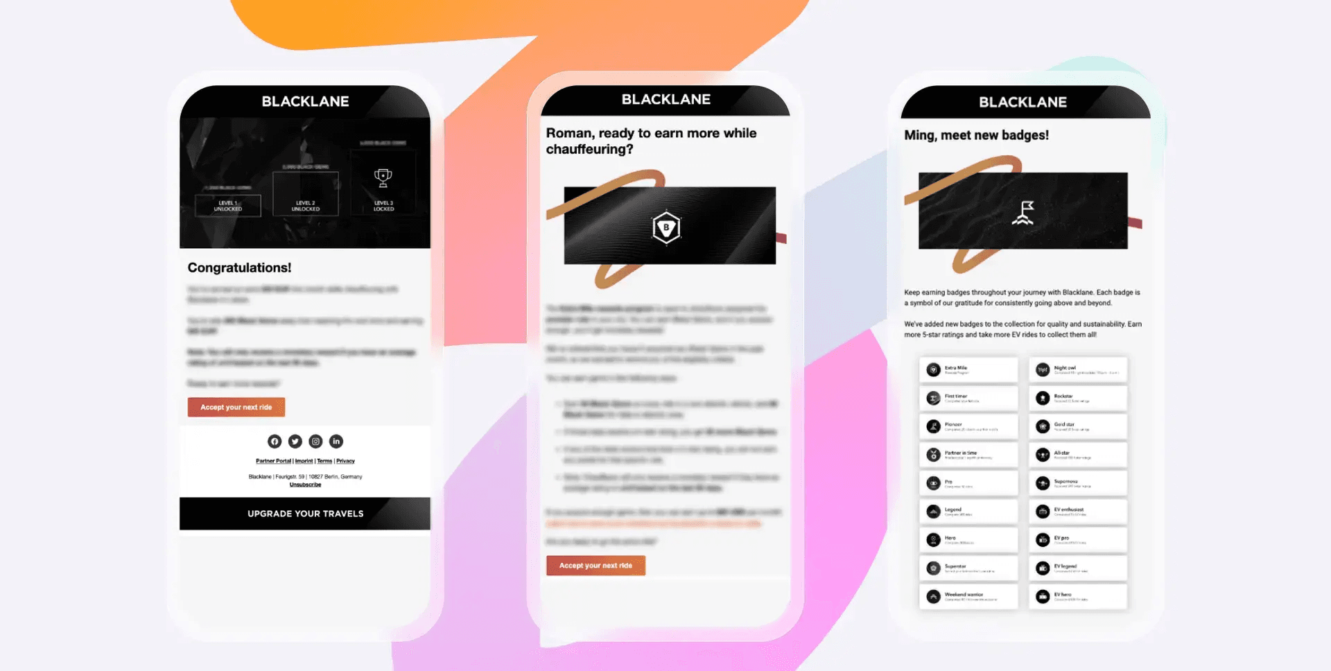 アップグレード、ドライバーの収益、新しいバッジを表示するBlacklaneアプリのインターフェースを映した3つのスマートフォン画面。