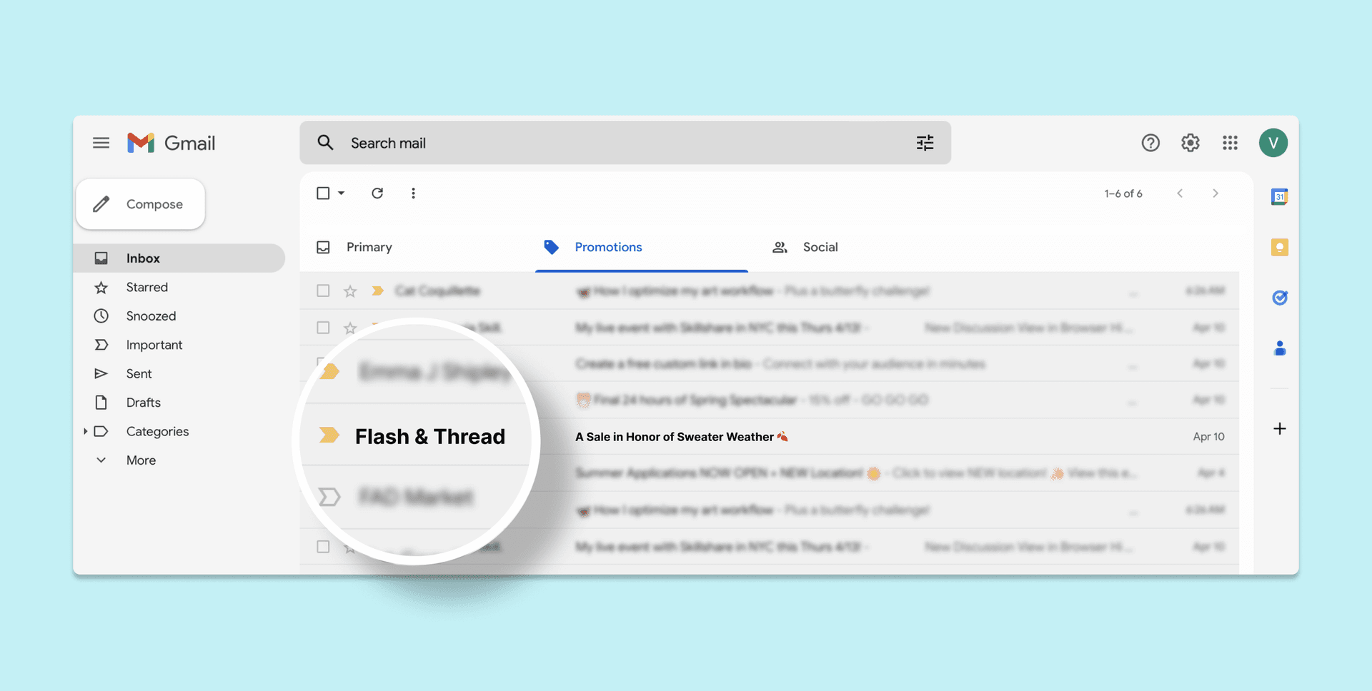 a screenshot of a gmail account with a circle around the word flash & thread