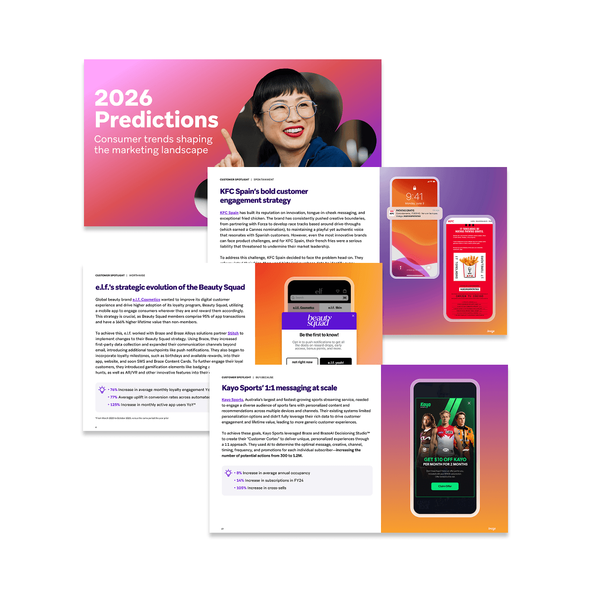 Pages from a "2026 Predictions" business report, featuring articles on marketing strategies for KFC, e.l.f. Beauty, and Kayo Sports, with mobile app screenshots.