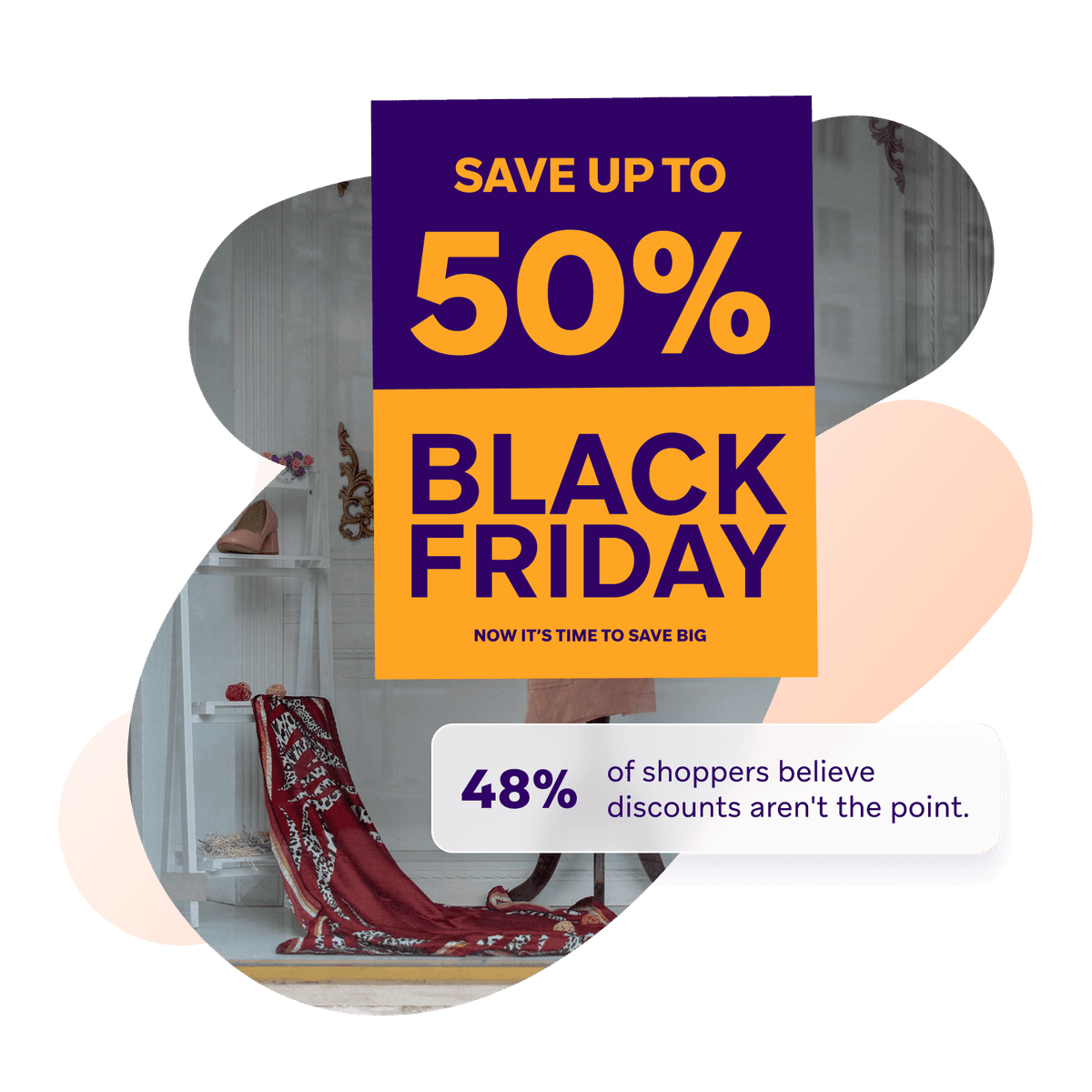 Black Friday promotional graphic featuring the statistic: "48% of shoppers believe discounts aren't the point."