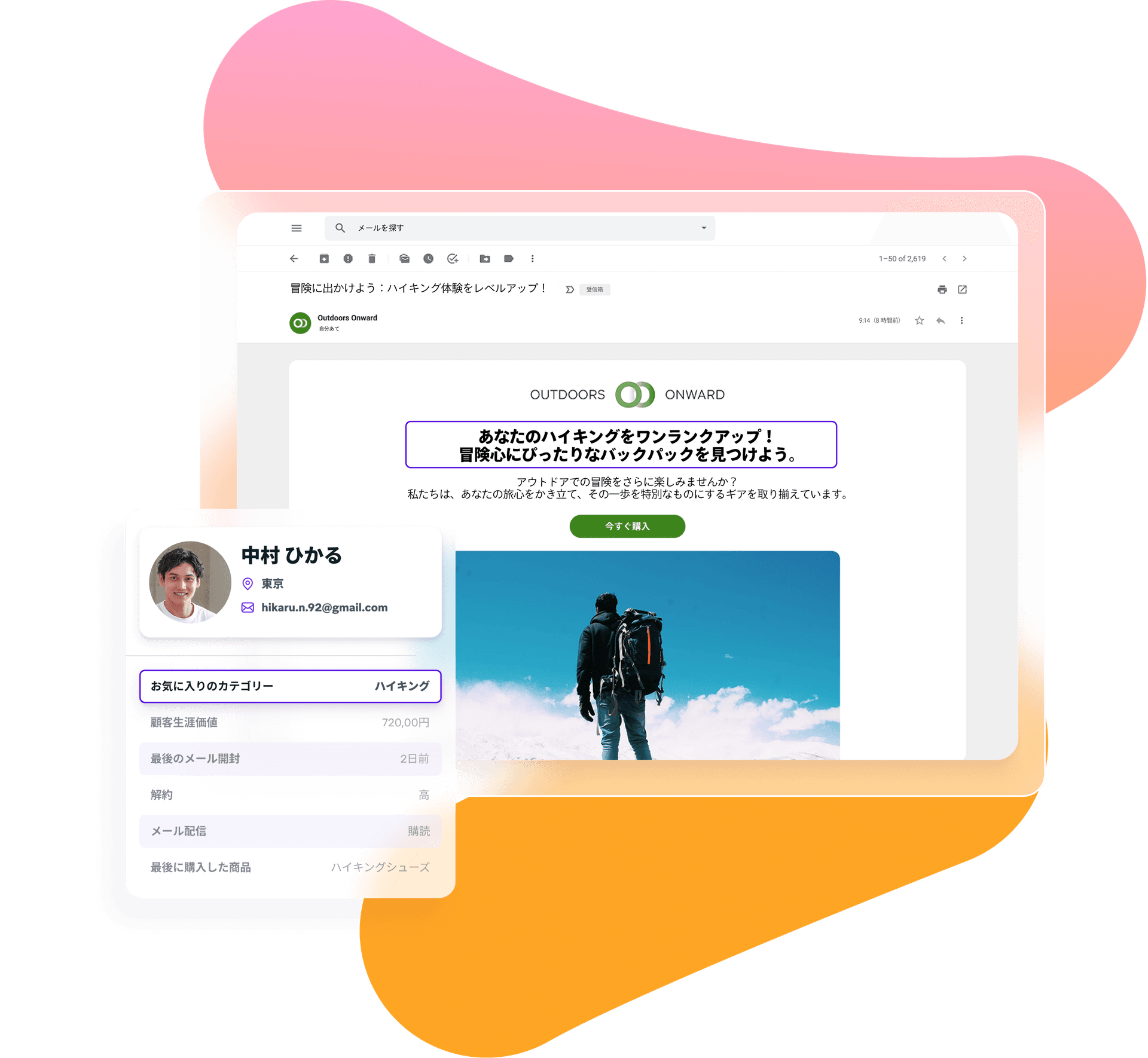 Email marketing campaign for hiking gear tailored to a customer profile showing hiking as an interest.