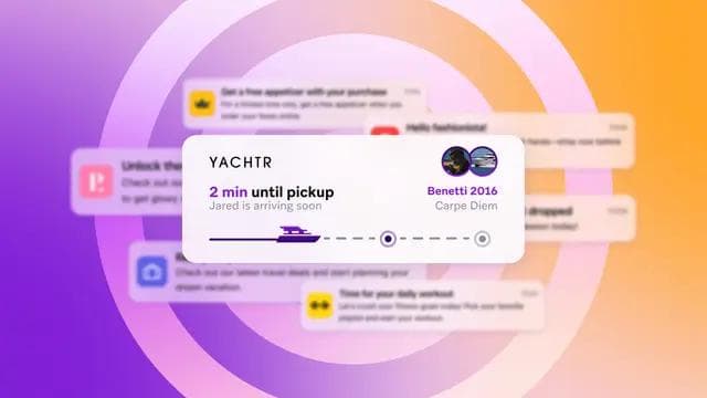 Uma tela exibindo várias notificações do celular, com uma notificação central "YACHTR" mostrando "2 min para a coleta" e um ícone de iate em uma barra de progresso.