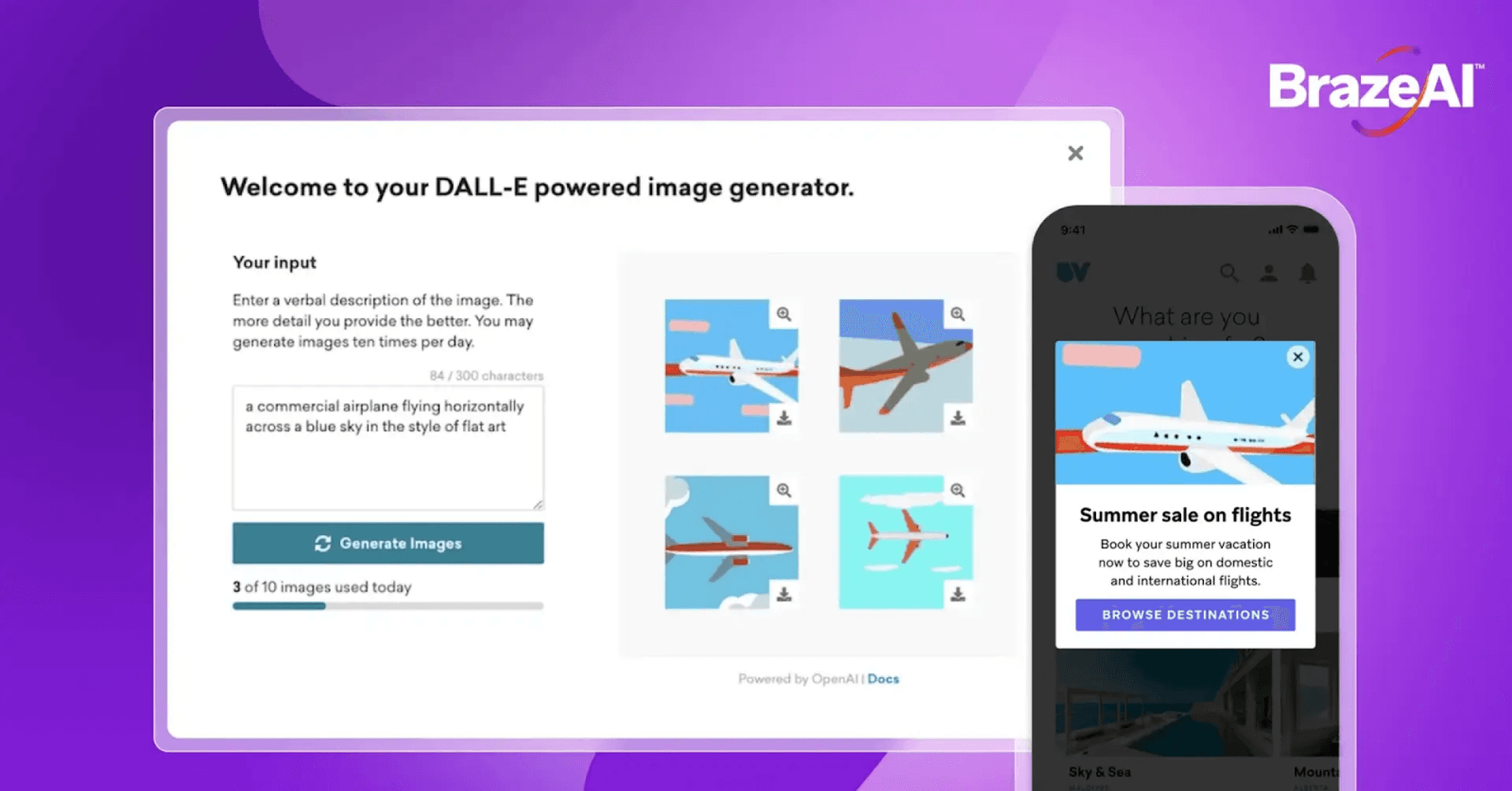 A DALL-E image generator creating flat-art airplane images from a prompt, shown next to a mobile phone displaying a flight sale pop-up with an airplane. BrazeAI branded.