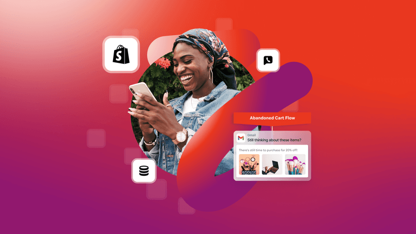 a woman is smiling while looking at her phone with an advertisement for abandoned cart flow