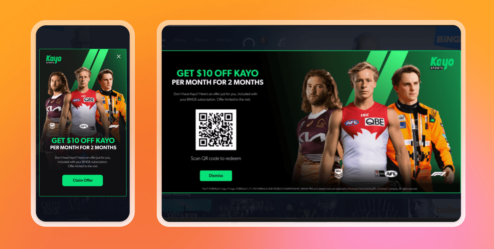 Two messages from Kayo about how to get $10 off per month for 2 months
