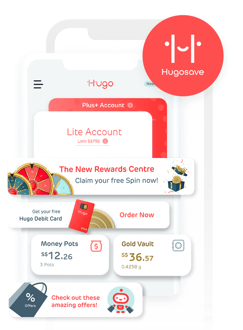 A mobile phone screen displaying the Hugo financial app with accounts, rewards, debit card offer, money pots, and gold vault.
