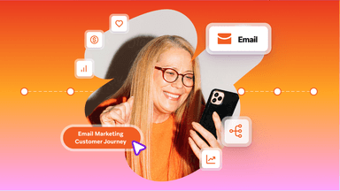 a woman is smiling while looking at her phone with a speech bubble that says email marketing customer journey