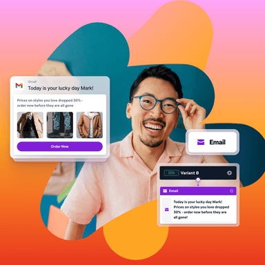 a man is smiling in front of an email that says today is your lucky day mark