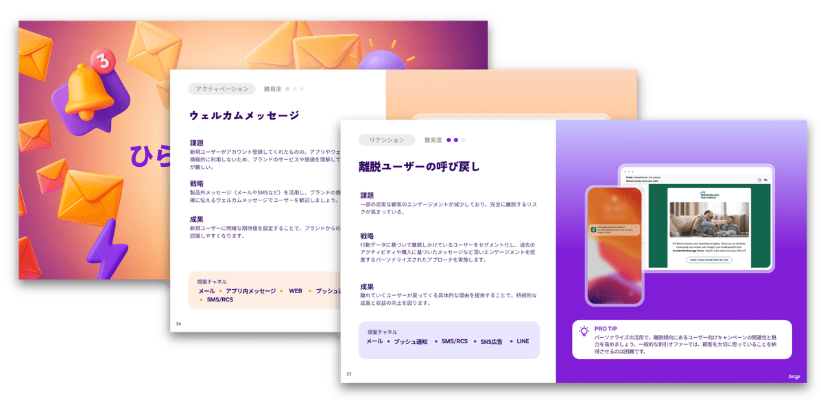 Digital marketing presentation slides in Japanese, showing messaging illustrations, a smartphone, and a web browser.