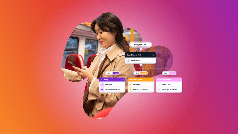 公共交通機関に乗った女性が、AIによるタイミング制御メッセージ実験のワークフロー図が重ねられたスマートフォンを見ている。