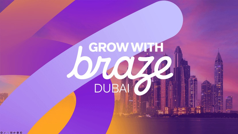 Dubai skyline at dusk with abstract purple and orange shapes and text: 'GROW WITH braze DUBAI'.