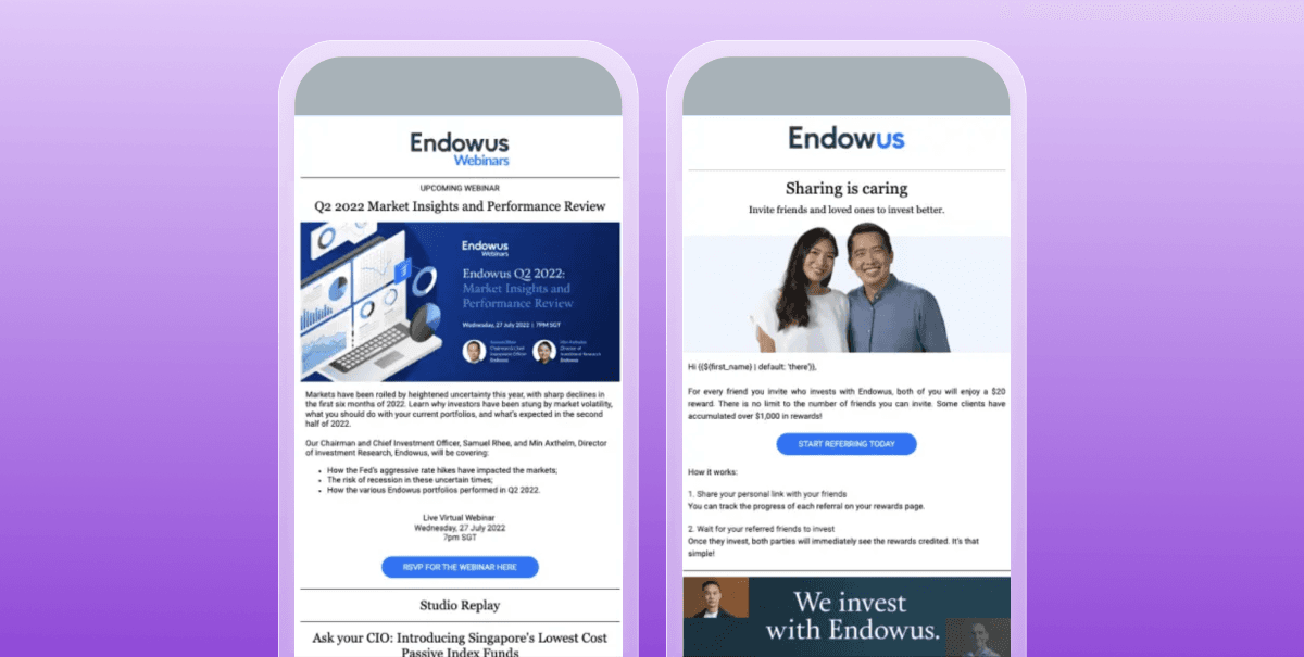 a couple of endows emails on a purple background