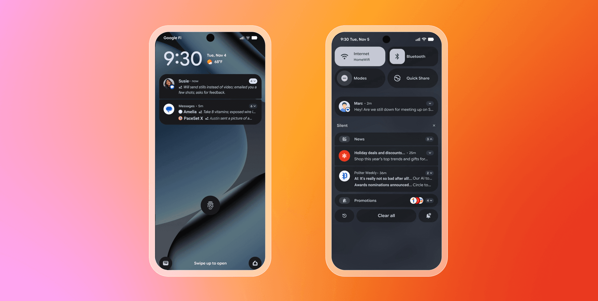Two smartphones displaying Android notifications, with one showing the lock screen and the other the quick settings panel.