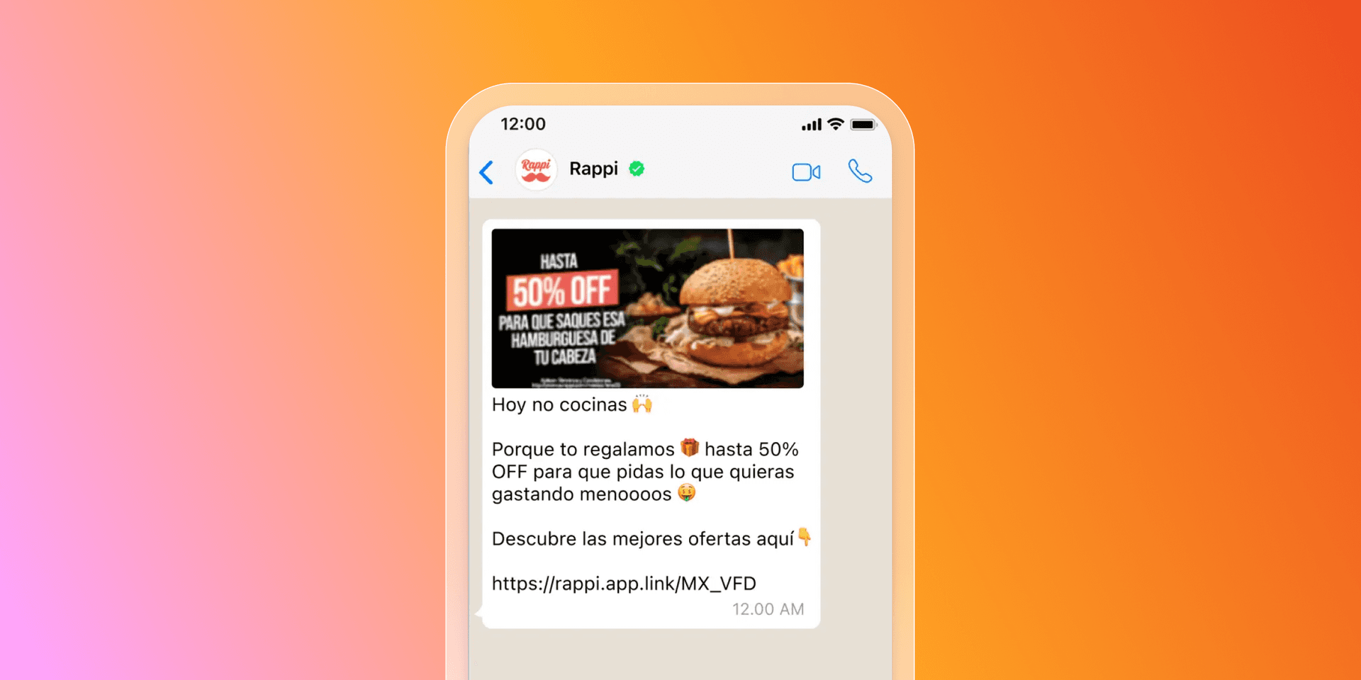 A smartphone displays a Rappi WhatsApp message with a burger image, "HASTA 50% OFF" text, and a promotional link.