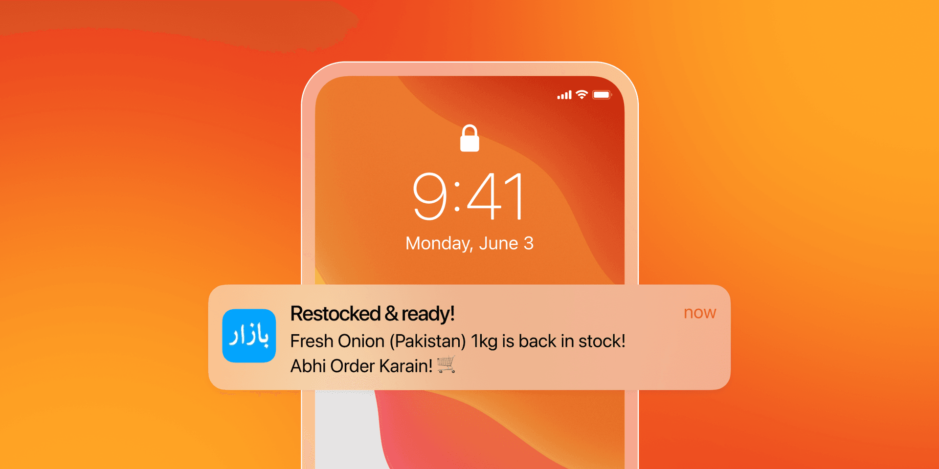 Smartphone screen showing a "Bazaar" app notification for "Fresh Onion (Pakistan) 1kg back in stock."