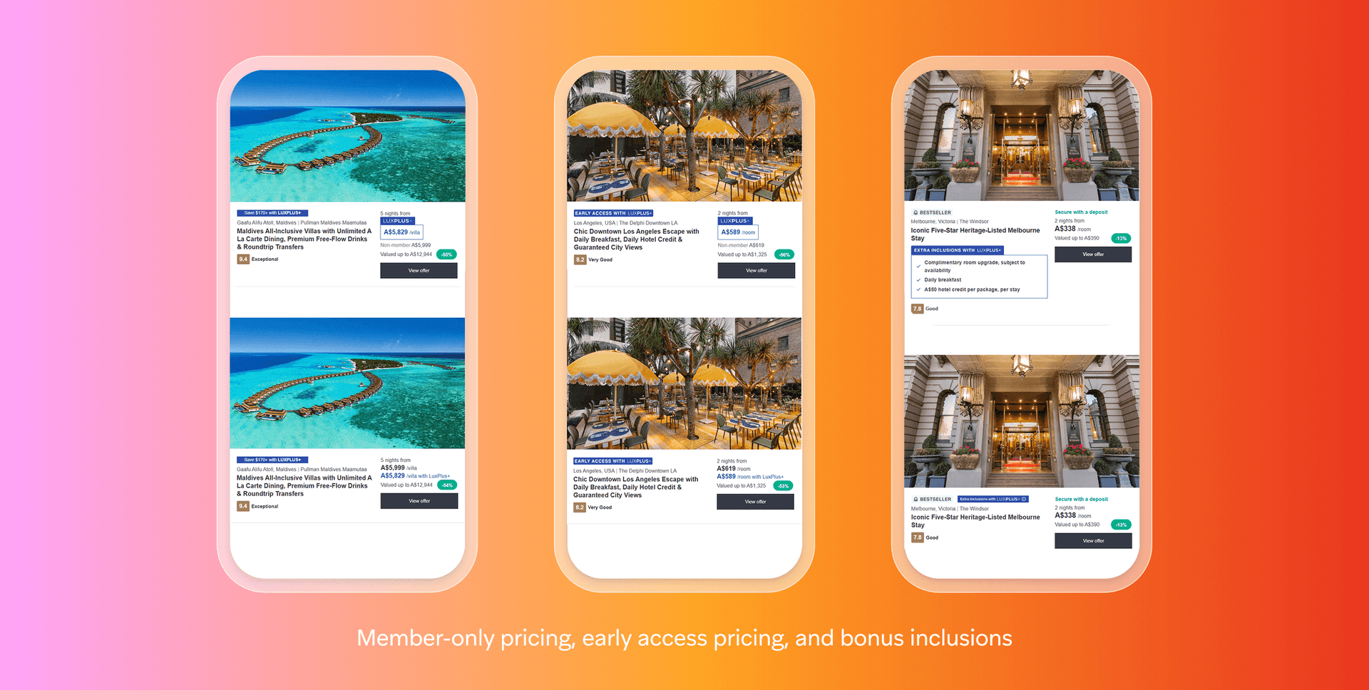 Three smartphone screens display hotel booking options with member-only pricing, early access, and bonus inclusions.
