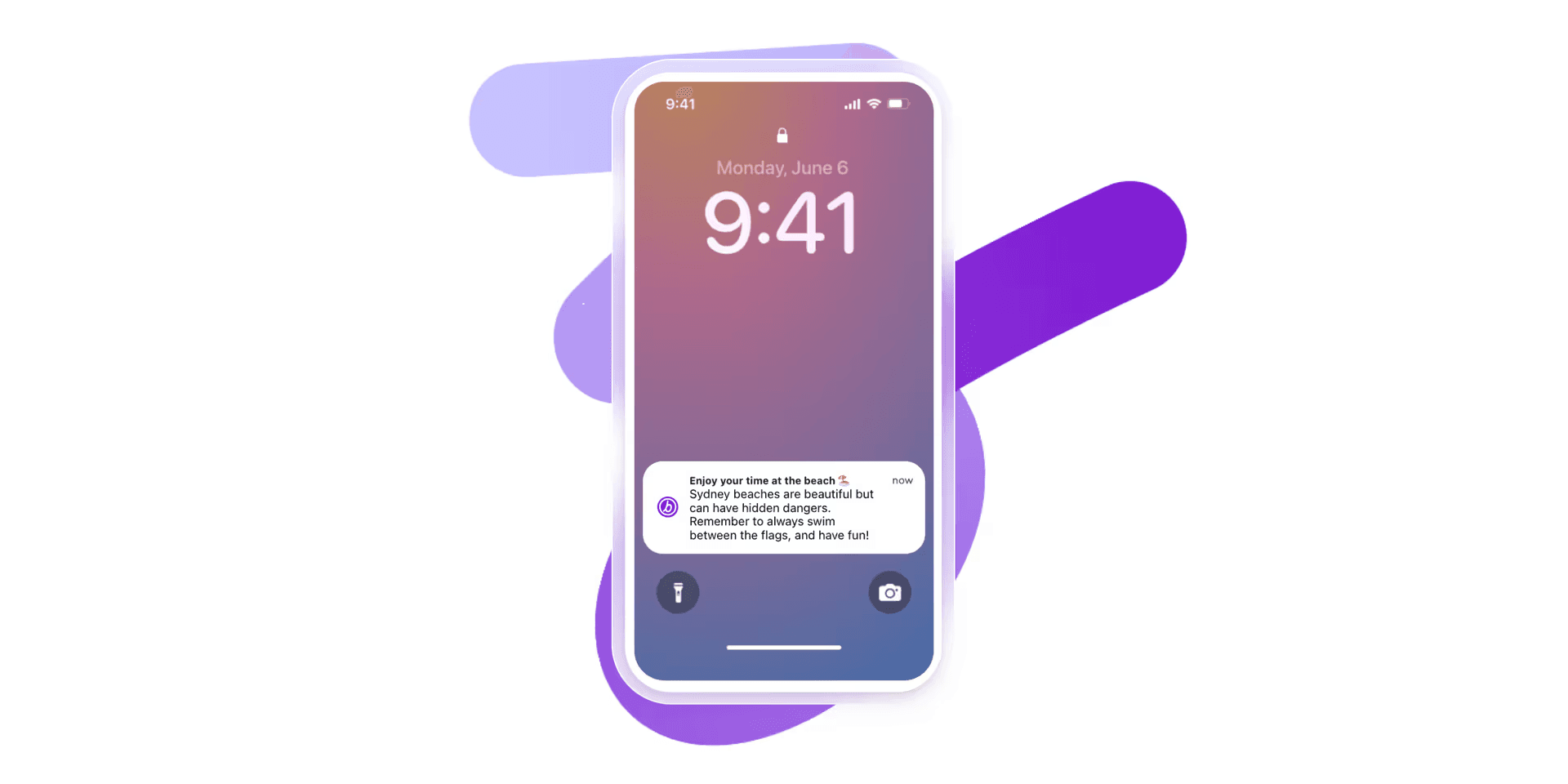 Illustration d’un smartphone affichant un écran de verrouillage avec l’heure 9:41 et une notification sur la sécurité à la plage, sur un fond dégradé violet et rose avec des formes abstraites.
