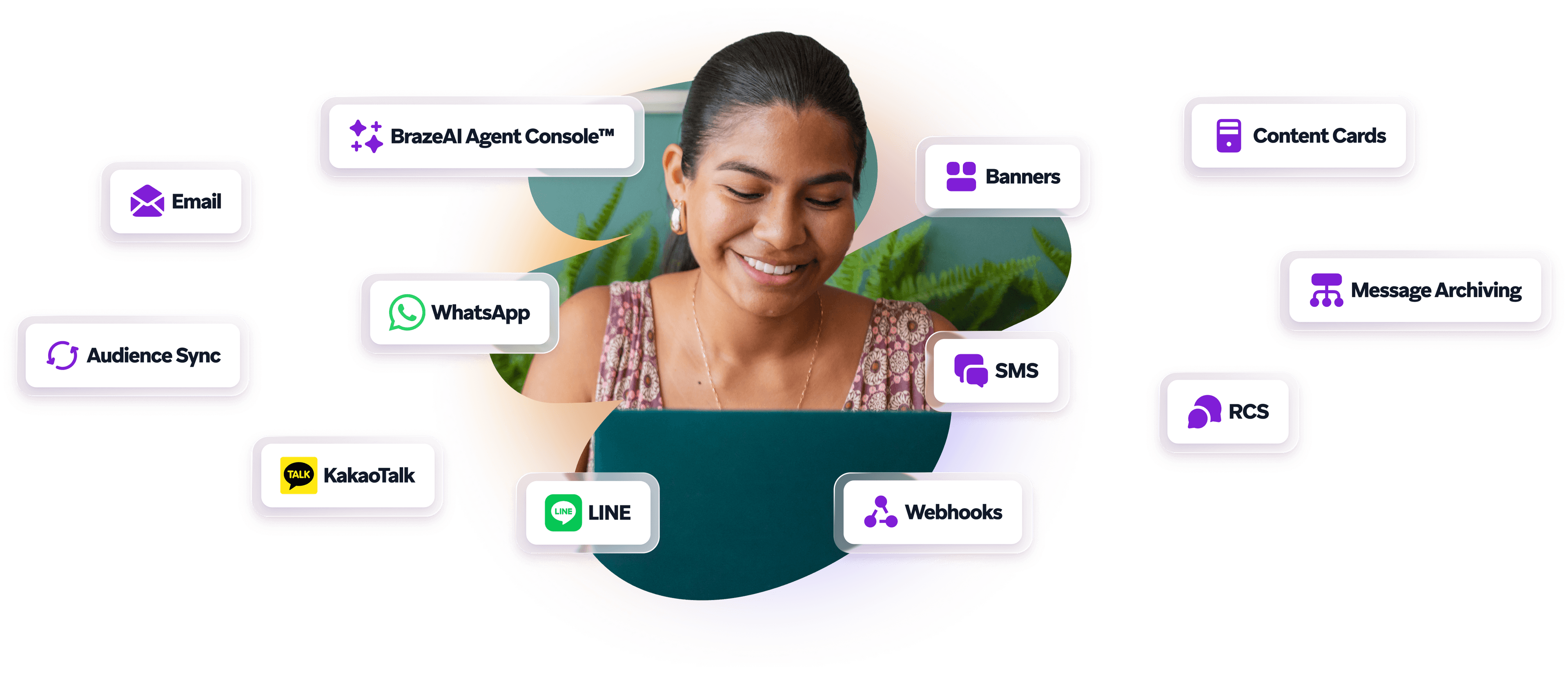 Smiling woman looking at a laptop, surrounded by icons and labels for communication and marketing tools like email, WhatsApp, and AI features.