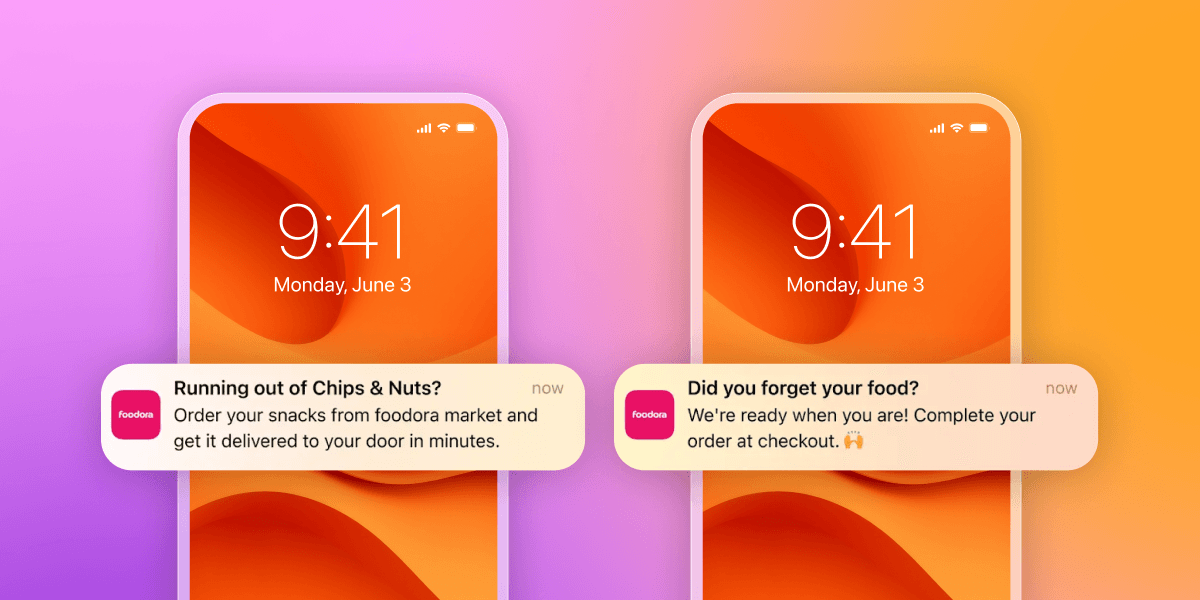 Two phones display Foodora app push notifications for snack delivery and abandoned cart reminders.