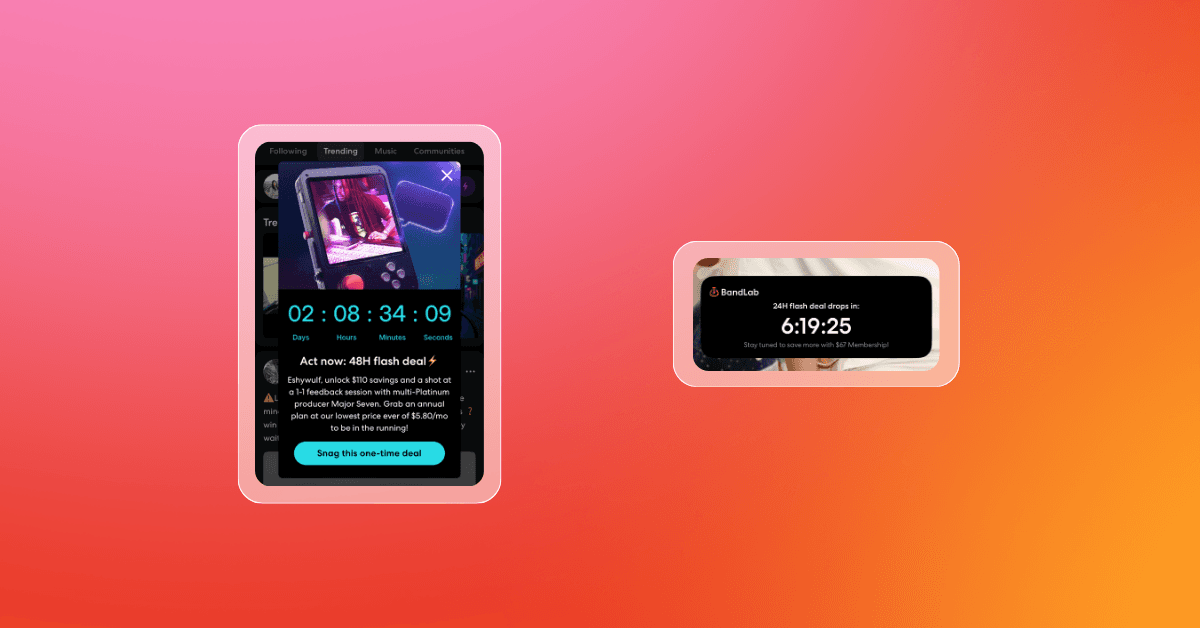 Two mobile displays show flash deal advertisements with countdown timers.