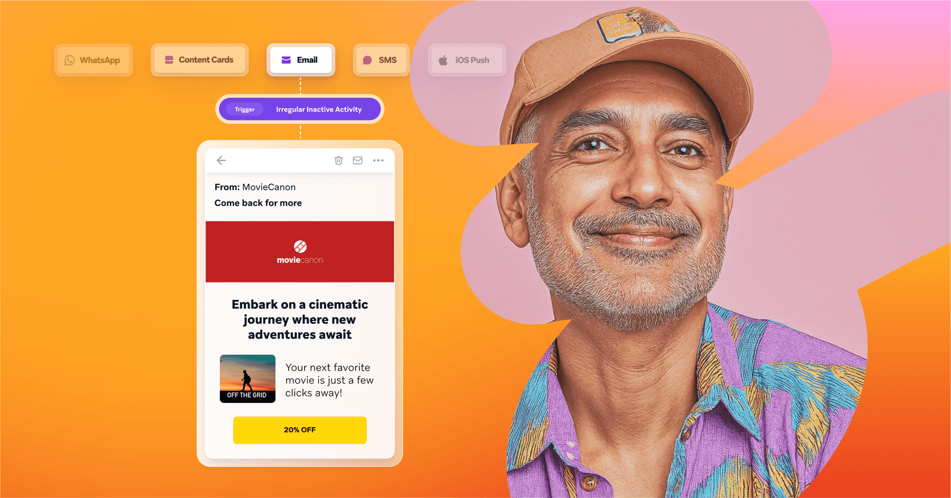 a person with a beard is smiling in front of a screen that says embark on a cinematic journey