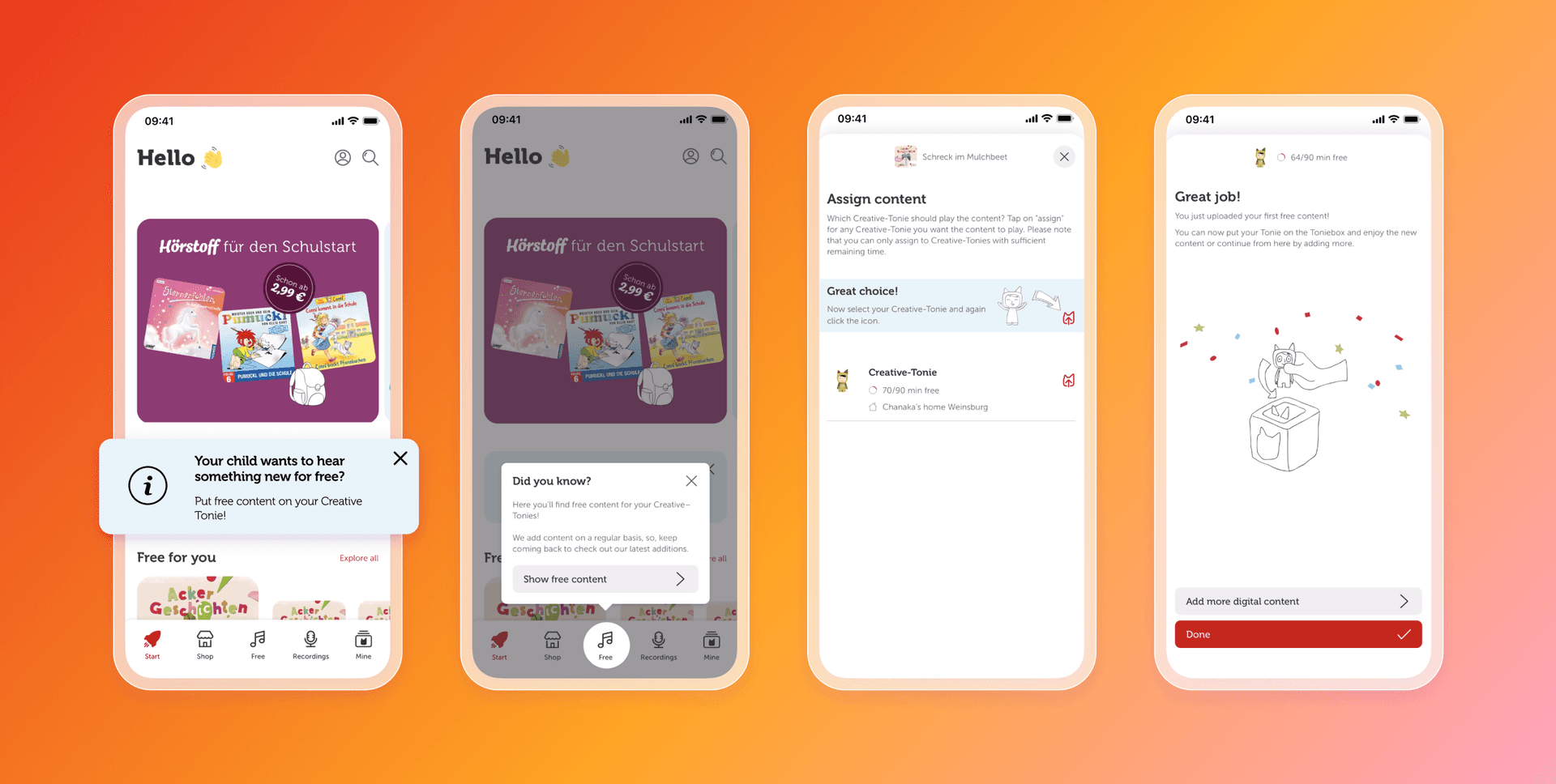 four screenshots of a mobile app called hello