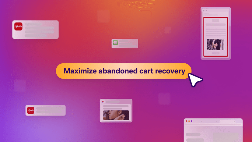 A mouse cursor points to "Maximize abandoned cart recovery" text, surrounded by digital communication windows and notifications.